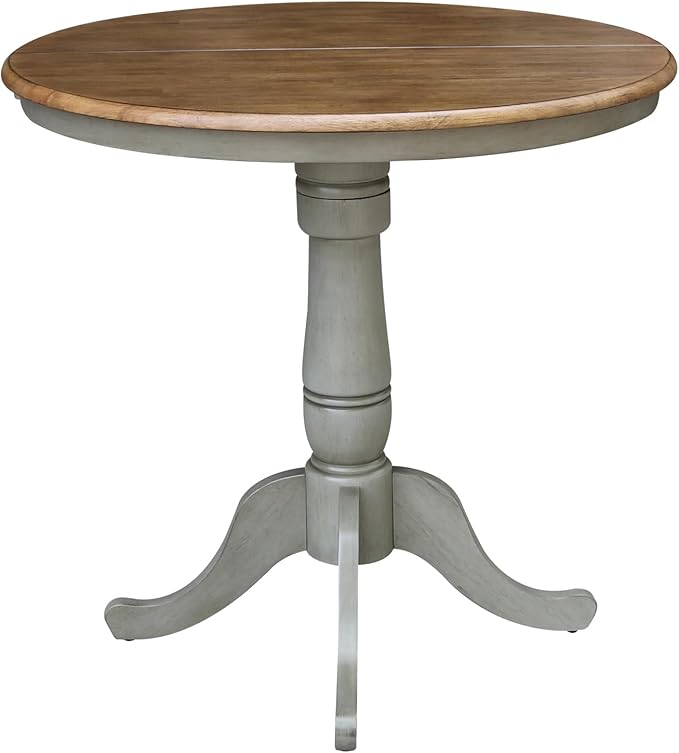 IC INTERNATIONAL CONCEPTS 36" Round Solid Wood Distressed Hickory/Stone Table with 12" Leaf-Counter Height
