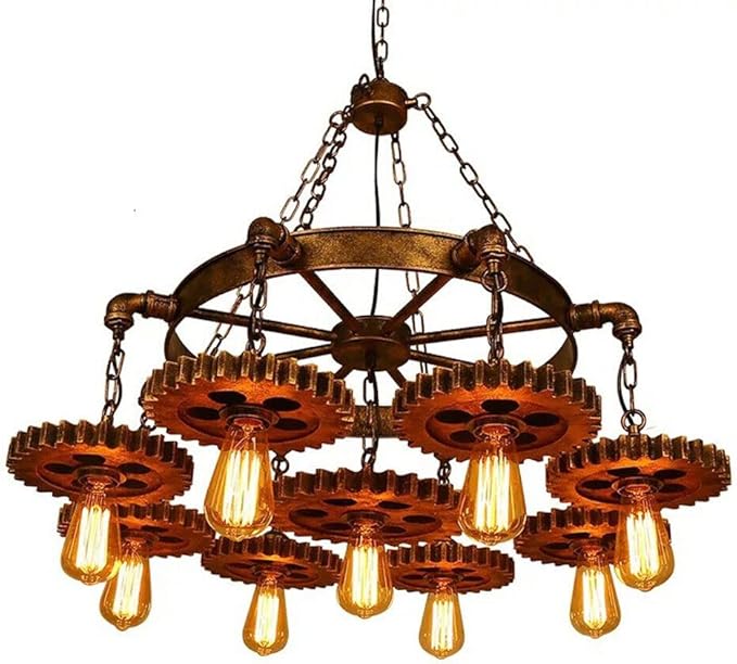 9-Light Retro Industrial Pendant Light Metal Gear Hanging Lamp Farmhouse Chandelier Pendant Lamp Fixture Adjustable Height for Restaurant Pool Table Kitchen Island Bar