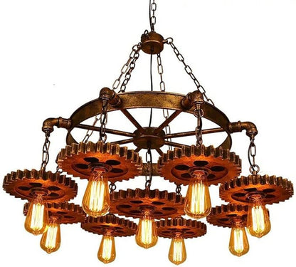 9-Light Retro Industrial Pendant Light Metal Gear Hanging Lamp Farmhouse Chandelier Pendant Lamp Fixture Adjustable Height for Restaurant Pool Table Kitchen Island Bar