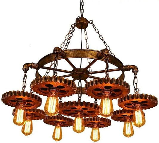 9-Light Retro Industrial Pendant Light Metal Gear Hanging Lamp Farmhouse Chandelier Pendant Lamp Fixture Adjustable Height for Restaurant Pool Table Kitchen Island Bar