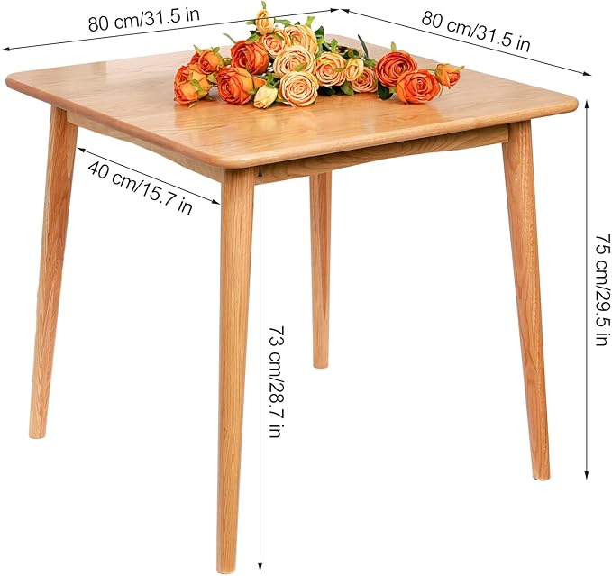 Square Dining Table 31.5“, Solid Wood Kitchen Table for Small Space, Midcentury Modern Wooden Kitchen Dining Table with Oak Finish, 31.5" L x 31.5" W x 29.5" H, Natural