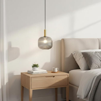 Plug in Pendant Light with Cord, 9.8" Ribbed Glass Hanging Light Fixture, Industrial Smoke Gray Hanging Swag Lamp for Bedroom, Kitchen Island, Dining Room, Living Room, E26 Base