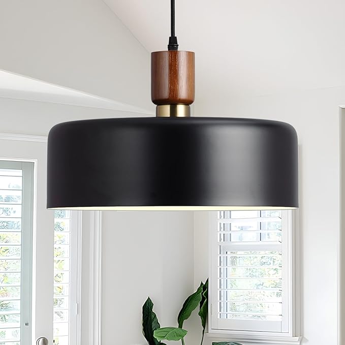 Modern Solid Wood Pendant Lights,13.8" Large Hammered Vintage Chandeliers,Black Finish Hanging Lighting Lamp,Industrial Drum Ceiling Light Fixtures for Dining Room,Kitchen Island, Farmhouse