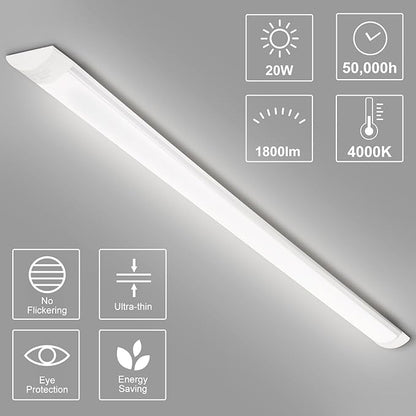 2-Pack 2FT LED Batten, Close to Ceiling Light fixtures, 20W, Ultra-Thin Day Light, 4000K, IP20, LED Ceiling Light for Garage, Stores, Warehouse, Office, Corridor, supermarkets, etc.