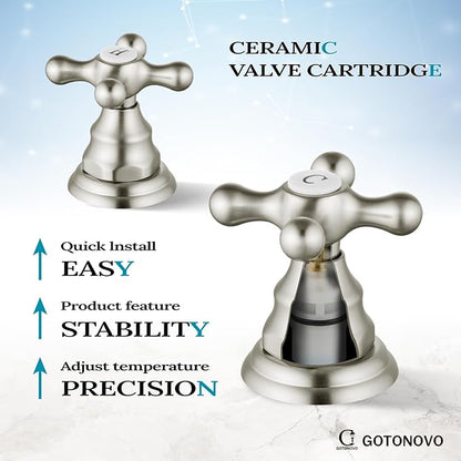 gotonovo Bathroom Faucet 3 Hole 8 Inch Widespread Bathroom Sink Faucet 2 Cross Handles Vintage Lavatory Vanity Mixer Tap with Pop Up Drain, H C Label, Brushed Nickel