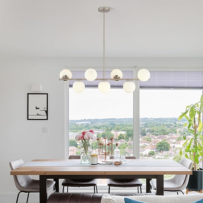 KCO Lighting Brushed Nickel Linear Chandelier White Milk Glass Chandelier Kitchen Linear Sputnik Pendant Light Mid Century Globe Pendant Light Fixture Modern Sliver Chandeliers Dining Room