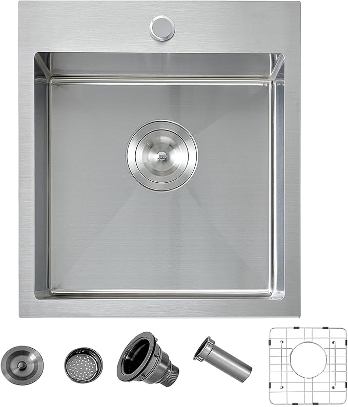 15 Drop In Bar Sink, 16 Guage Stainless Steel 13x15x9 Wet Bar Prep RV Outdoor Small Kitchen Sink Topmount Single Bowl with Drain