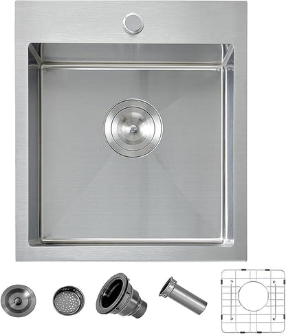15 Drop In Bar Sink, 16 Guage Stainless Steel 13x15x9 Wet Bar Prep RV Outdoor Small Kitchen Sink Topmount Single Bowl with Drain