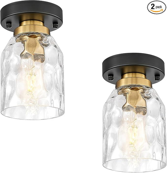 zeyu Modern Ceiling Light Set of 2, 1-Light Semi Flush Mount Ceiling Lighting Fixture for Bedroom Hallway, Water Ripple Glass Shade, Black and Gold Finish, ZG33F-2 BK+BG-WG
