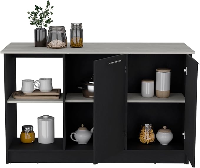GOWE Juniper Kitchen Island with Large Top Surface, Double Door Cabinet, and Open Shelves Black/Ibiza Marble