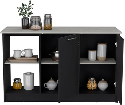GOWE Juniper Kitchen Island with Large Top Surface, Double Door Cabinet, and Open Shelves Black/Ibiza Marble