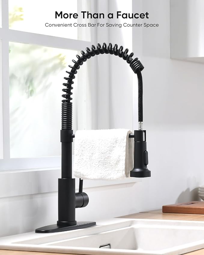 OWOFAN Black Kitchen Faucet with Pull Out Sprayer Stainless Steel Single Handle Spring Sink Faucets 1 Hole Or 3 Hole Dual Function for Farmhouse Camper Laundry Utility Rv Wet Bar