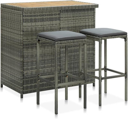 3-Piece Indoor Bar Table Set with Stools, Gray PE Rattan Bistro Set for Kitchen Dining Room, Steel Frame and Acacia Wood Tabletop, Space-Saving Furniture for Small Spaces