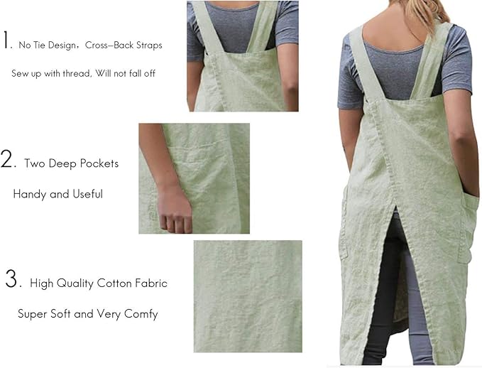 Larmliss Women's Pinafore Square Apron Baking Cooking Gardening Works Cross Back Cotton/Linen Blend Dress with 2 Pockets
