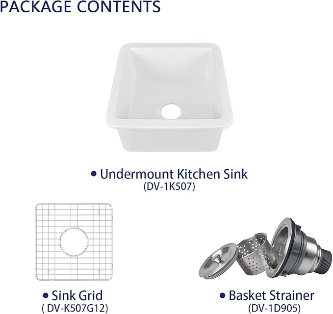 DeerValley Undermount Kitchen Sink 18" L x 18" W Fireclay Single Bowl Kitchen Sink Square Bar Sink with Sink Grid and Basket Strainer