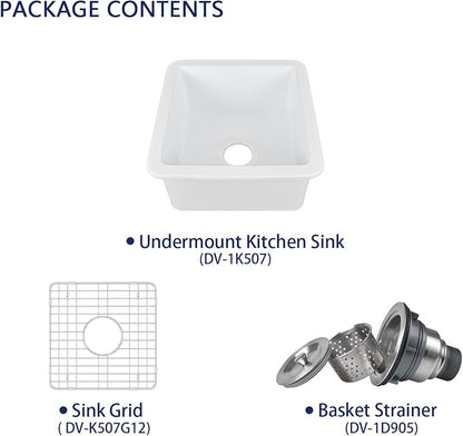 DeerValley Undermount Kitchen Sink 18" L x 18" W Fireclay Single Bowl Kitchen Sink Square Bar Sink with Sink Grid and Basket Strainer