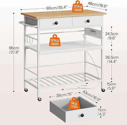 HOOBRO Kitchen Island with Storage, Rolling Island Cart for Kitchen with 2 Drawers & Outlet, 3 Tier Coffee Station and Microwave Stand, Kitchen Island Table for Home, Natural and White WN08UZD01