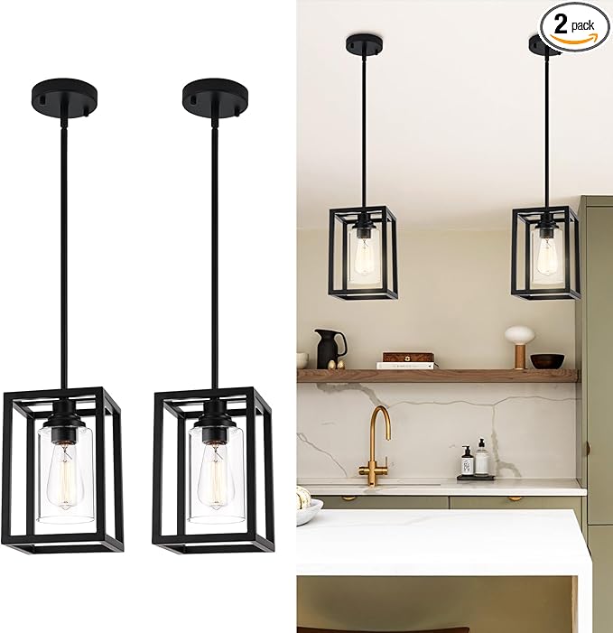 Matte Black Farmhouse Pendant Light Fixtures, Industrial Kitchen Island Light, Rectangle Linear Metal Hanging Lighting Fixture Ceiling Mount with Clear Glass Shade E26 Base for Dining Room, 2 Pack