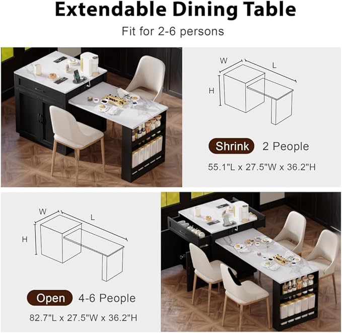 JIJIWANG 82.7 inch Kitchen Island with Extendable Dining Table for 4-6 Person,Faux Mable Kitchen Table with Double-Sized Storage,Power Outlet, with Storage 2 Drawers 2 Side Open Shelves,Black