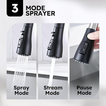 Arofa Kitchen Faucet with Soap Dispenser, Stainless Steel Kitchen Sink Faucet with Pull Down Sprayer 3 Mode Single Handle Gooseneck Pull Out Kitchen Faucet, Matte Black Bathroom Sink Faucet