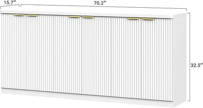 Yanosaku 70" Large Buffet Sideboard Cabinet, Fluted Cabinet 6 Doors, Buffet Table Coffee Bar Wine Bar Storage Cabinet for Dining Room, Living Room, White