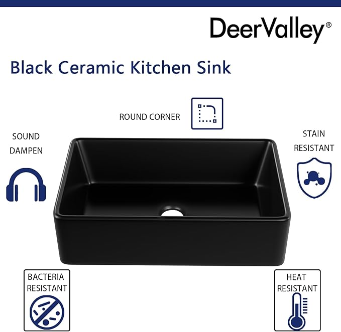 DeerValley Black Farmhouse Workstation Sink 33 Inch, Fireclay Apron Undermount Single Bowl Kitchen Sink with Accessories