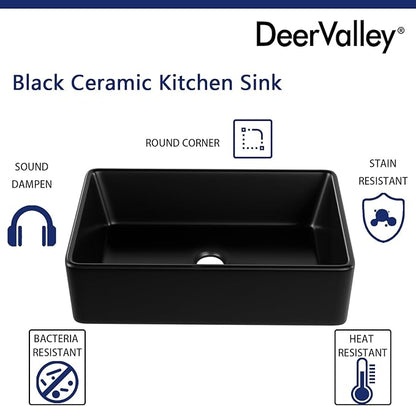 DeerValley Black Farmhouse Workstation Sink 33 Inch, Fireclay Apron Undermount Single Bowl Kitchen Sink with Accessories
