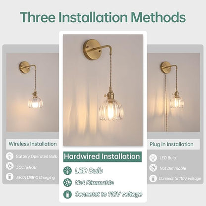 Shenmoyl Vintage Wall Sconce Wall Lamp Clear Tulip Shade Pattern Glass Adjustable Chain Retro Gold Wall Mounted Light, Wall Lamp Fixtures Decor for Bedside Bedroom Indoor Doorway