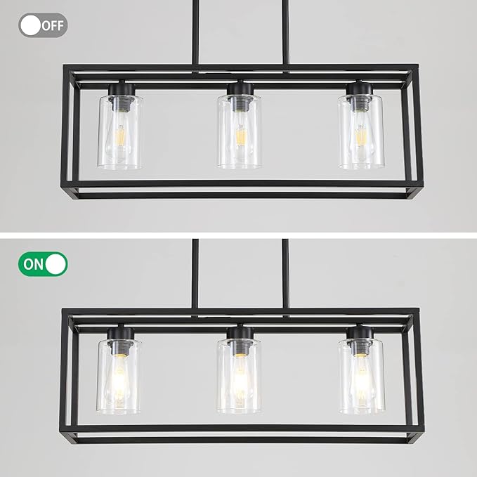 Black 3-Light Dining Room Light Fixture, Modern Farmhouse Chandeliers, Linear Rectangular Kitchen Island Lighting, Industrial Vintage Pendant Lighting with Clear Glass Shade Height Adjustable