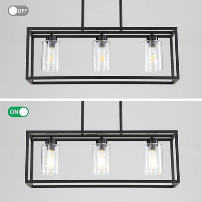 Black 3-Light Dining Room Light Fixture, Modern Farmhouse Chandeliers, Linear Rectangular Kitchen Island Lighting, Industrial Vintage Pendant Lighting with Clear Glass Shade Height Adjustable