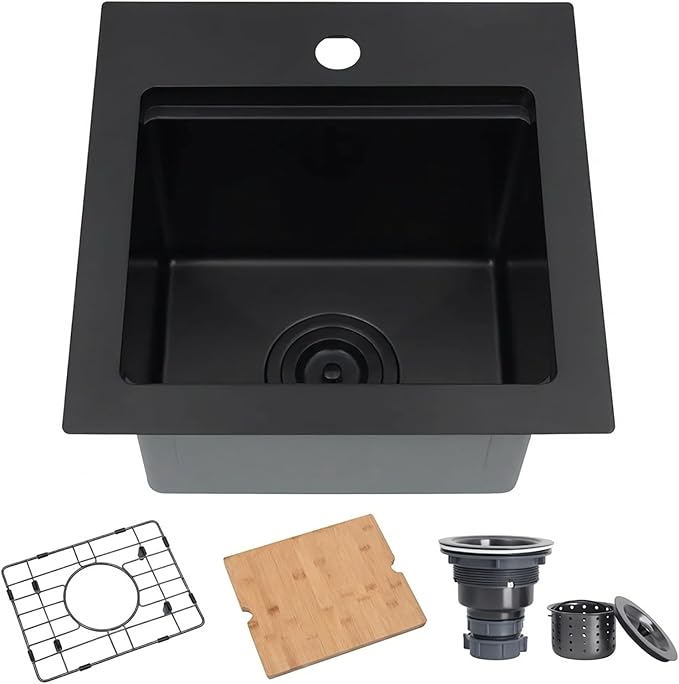 Black Drop In Bar Sink,16 Gauge 304S Stainless Steel Top Mount Kitchen SinK, All In One Workstation Sink with Accessories, 15" x 15" x 9" Small Kitchen Sink for RV,Outdoor and Wet bar