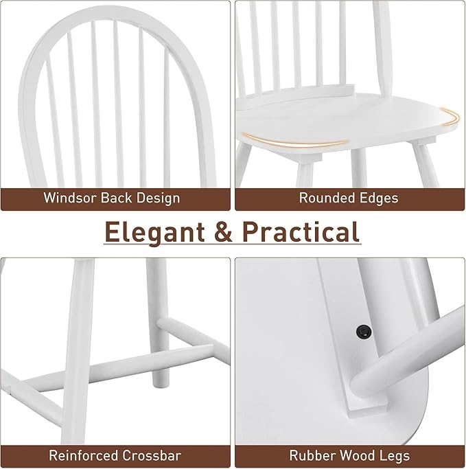 SIMOE Dining Chairs Set of 2, Farmhouse Wooden Kitchen Chairs with Spindle Back, Solid Wood Legs, Windsor Dining Chairs for Kitchen and Dining Room, White