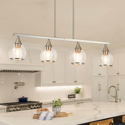 Island Light for Kitchen, 4-Light Brushed Nickel Island Pendant Lighting with Clear Round Glass Shades for Kitchen, Dining Table, Living Room