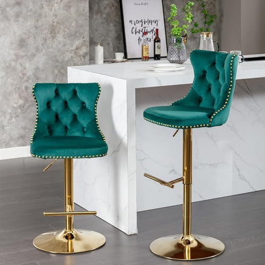 Premium Velvet Upholstered Swivel Bar Stool with Adjustable Height and Tufted Backrest for Kitchen Island, Home Bar, and Dining Space (Green + Velvet + Foam)