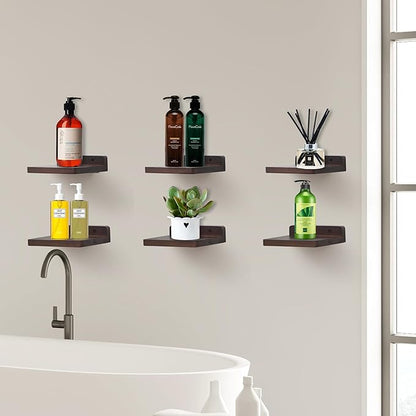 Small Floating Shelf, 5x6 Inch Display Ledges for Wall,Mini Shelves,Rustic Wood Shelf for Bedroom Living Room Bathroom Kitchen (6, Dark Walnut)