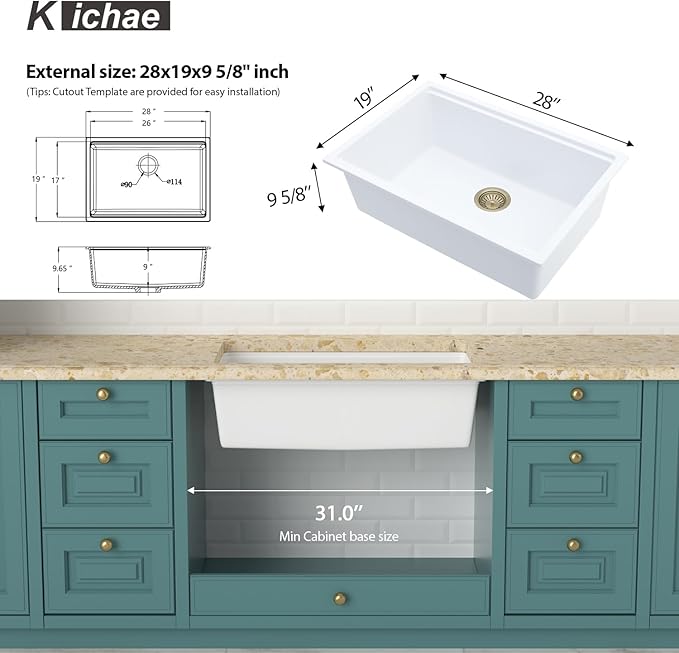 Kichae 28 inch Undermount Kitchen Sink - 28" x 19" White Granite Composite Kitchen Sink Ledge Workstation Quartz Single Bowl Deep Basin with Cutting Board