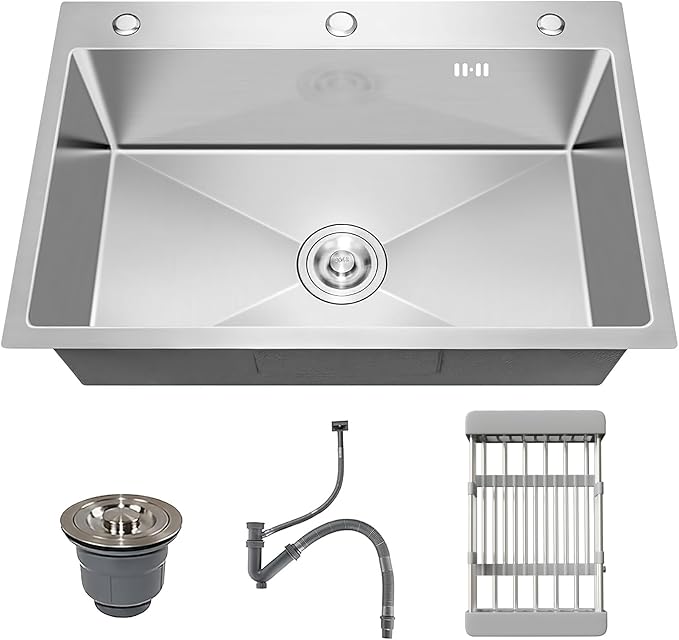32" x 18" Drop in Kitchen Sink, Nano-Coated Topmount Single Bowl Stainless Steel Sink with Drain Kit and Fruit Baskets