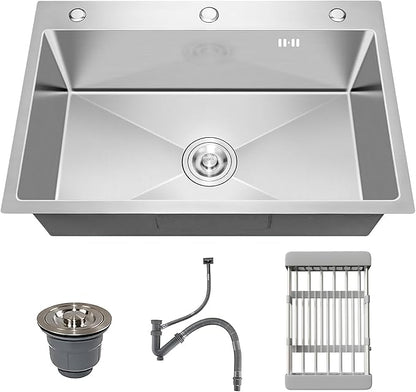 32" x 18" Drop in Kitchen Sink, Nano-Coated Topmount Single Bowl Stainless Steel Sink with Drain Kit and Fruit Baskets