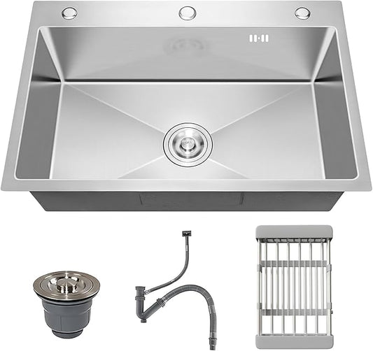 32" x 18" Drop in Kitchen Sink, Nano-Coated Topmount Single Bowl Stainless Steel Sink with Drain Kit and Fruit Baskets