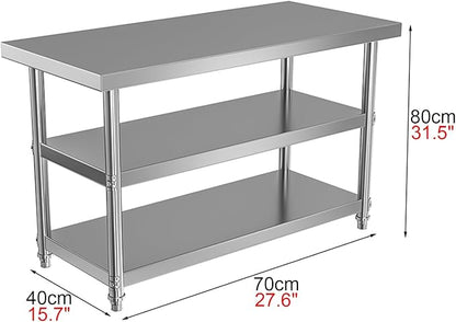 Thickened Stainless Steel Workbench Open Shelf Three Tier Prep Table Commercial Kitchen Metal Table Baking Table(27.6 * 15.7 * 31.5in)