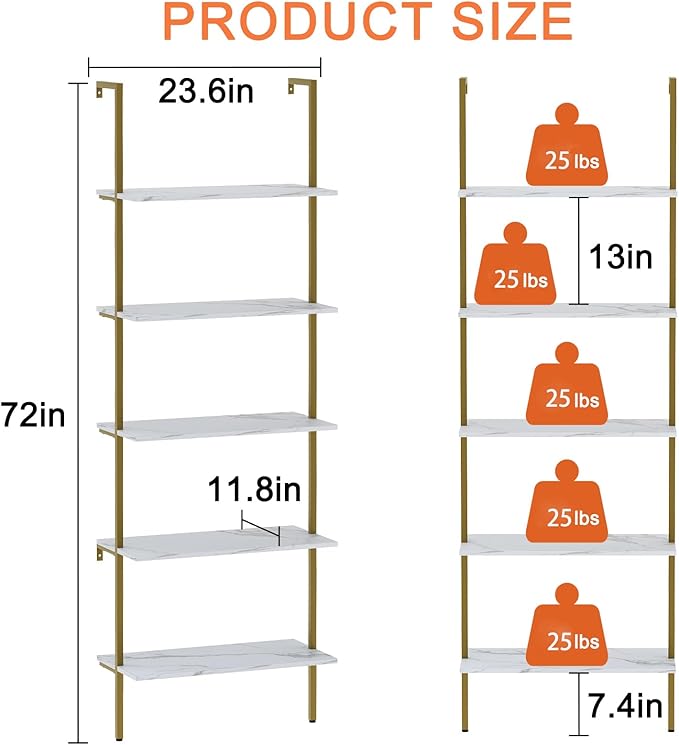 Wolawu Ladder Shelf 5 Tiers Wall Mounted Bookshelf 2-Piece White Marble Modern Bookshelf Open Tall Storage Bookcase Standing Leaning Wall Shelves Industrial Decorative for Home Office Living Room