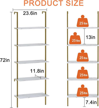 Wolawu Ladder Shelf 5 Tiers Wall Mounted Bookshelf 2-Piece White Marble Modern Bookshelf Open Tall Storage Bookcase Standing Leaning Wall Shelves Industrial Decorative for Home Office Living Room