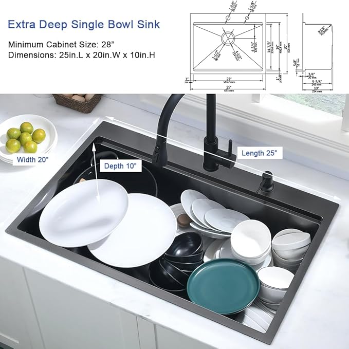 Black Kitchen Sink Drop In Workstation-Hovheir 25x20 Black Stainless Steel Kitchen Sink Drop In Topmount Sinks Workstation 16 Gauge Single Bowl Deep Overmount Sinks with Cutting Board