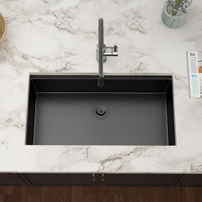 33 Inch Black Undermount Kitchen Sink Workstation- Couoko Matte Black 16 Gauge T304 Stainless Steel Single Bowl Undermount Sinks NANO PVD Large Deep Handmade Round Corner Sinks Basin, 33"x19"x9"
