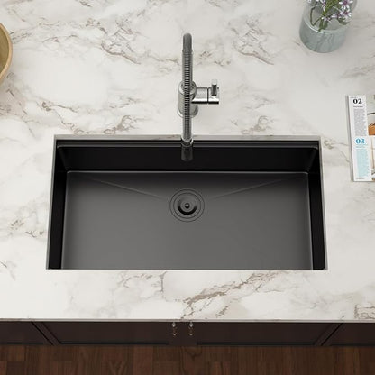 33 Inch Black Undermount Kitchen Sink Workstation- Couoko Matte Black 16 Gauge T304 Stainless Steel Single Bowl Undermount Sinks NANO PVD Large Deep Handmade Round Corner Sinks Basin, 33"x19"x9"
