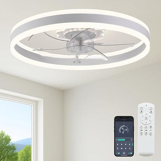 Fszdorj 23.6'' Ceiling Fan with Light, Upgraded Low Profile Fan, Flush Mount Ceiling Fan, 6 Speeds, Dimmable LED, App & Remote Control, Quiet DC Motor, for Bedroom, Living Room, F105 White