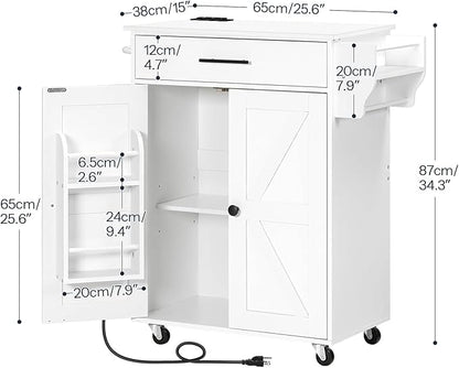 HOOBRO Kitchen Island with Power Outlet, Kitchen Storage Island with Large Worktop, Spice Rack and Drawer, Rolling Kitchen Island Cart on Wheels, for Kitchen and Dining Room, White WT88UZD01