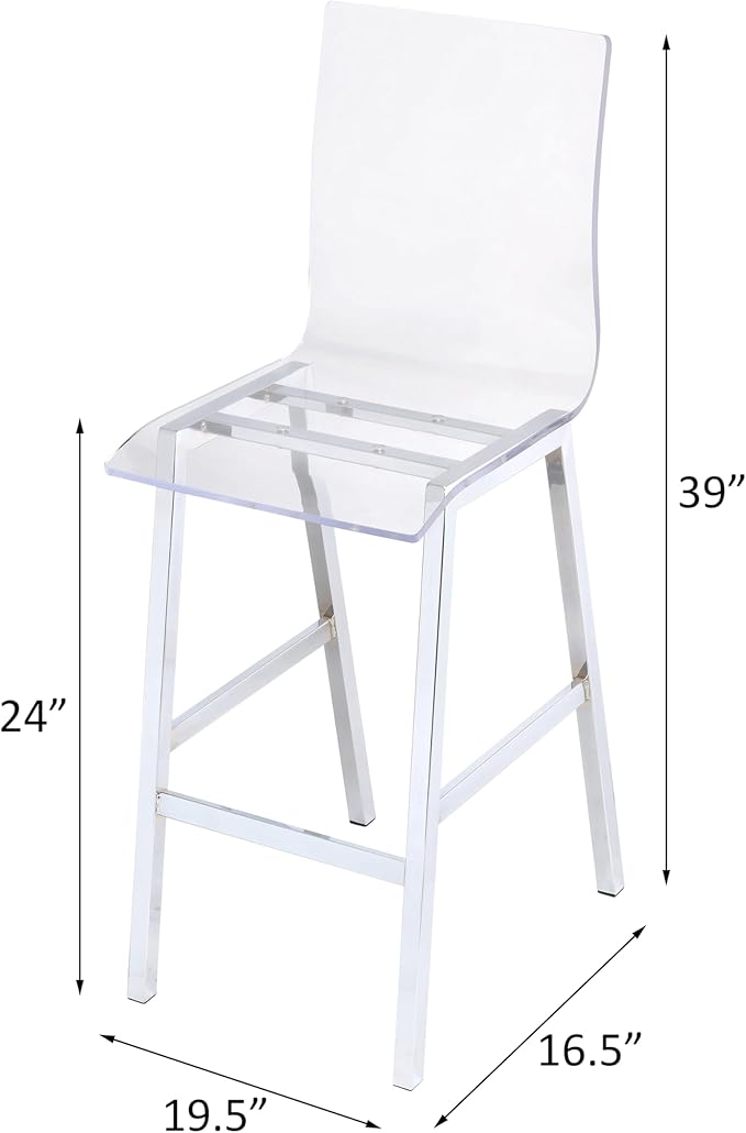 Set of 2 Modern Clear Acrylic & Chrome Counter Height Chairs for Kitchen Island or Dining