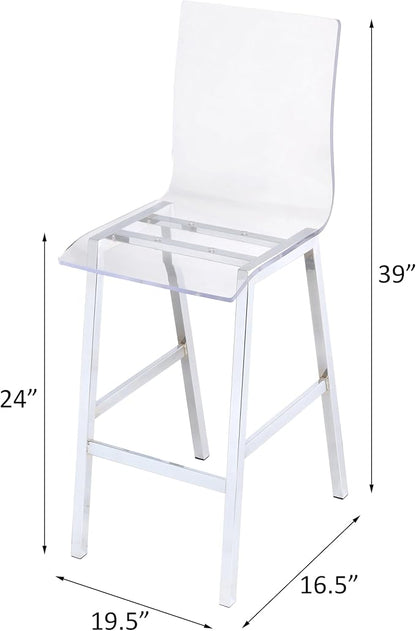 Set of 2 Modern Clear Acrylic & Chrome Counter Height Chairs for Kitchen Island or Dining