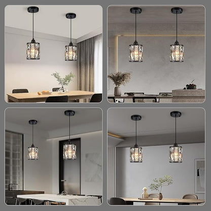 3 Pack Crystal Hanging Kitchen Island Pendant Light Black Finish Concise Fixture Crystal Plate Metal Shade for Bar Dining Room Living Room Over Sink Ceiling